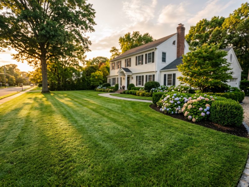 Manicured front lawn with mowing stripes and planting beds in front of a Long Island colonial home at golden hour