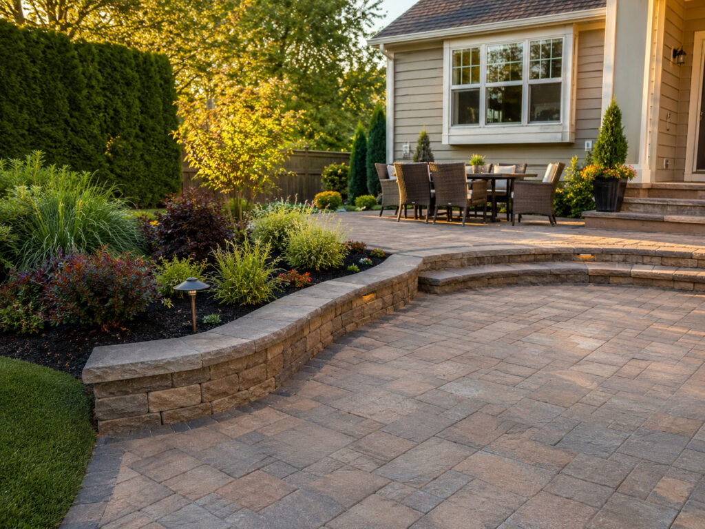 Paver patio with a curved retaining wall and garden beds behind a suburban home