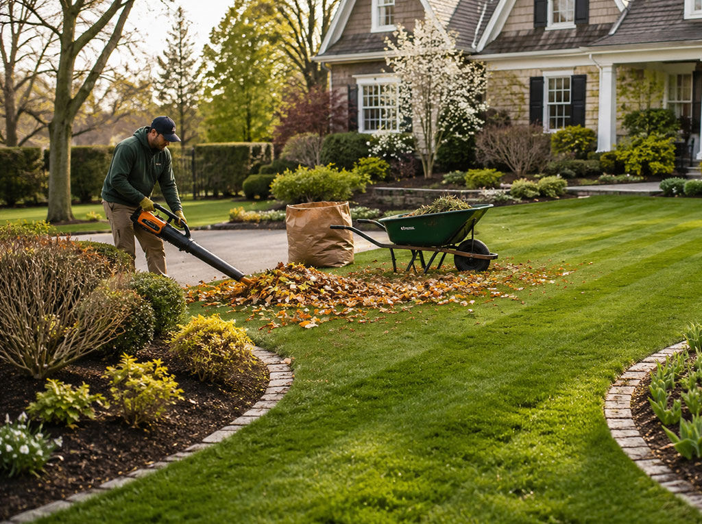 Landscaper blowing fallen leaves into a pile beside a wheelbarrow on a manicured lawn