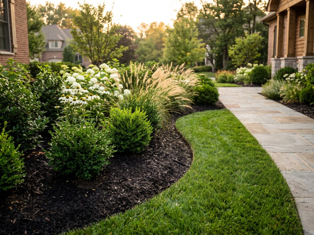 Freshly edged garden bed with shrubs and perennials beside a suburban walkway