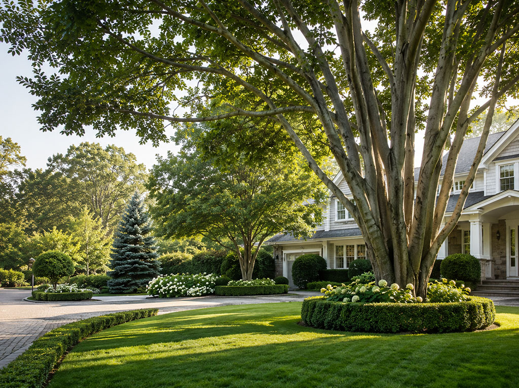 Mature multi-trunk tree surrounded by landscaped beds and lawn at a suburban home