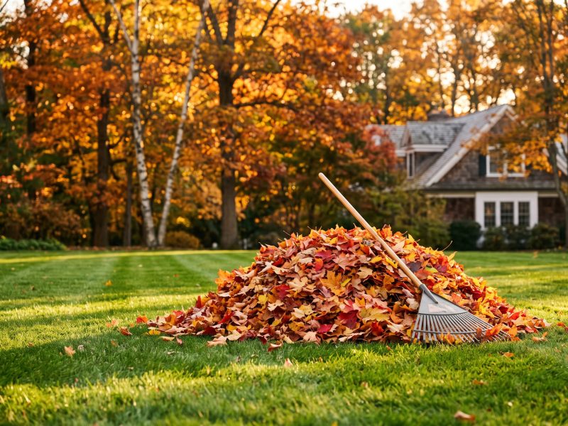 Autumn leaves raked into a neat pile on a green suburban lawn