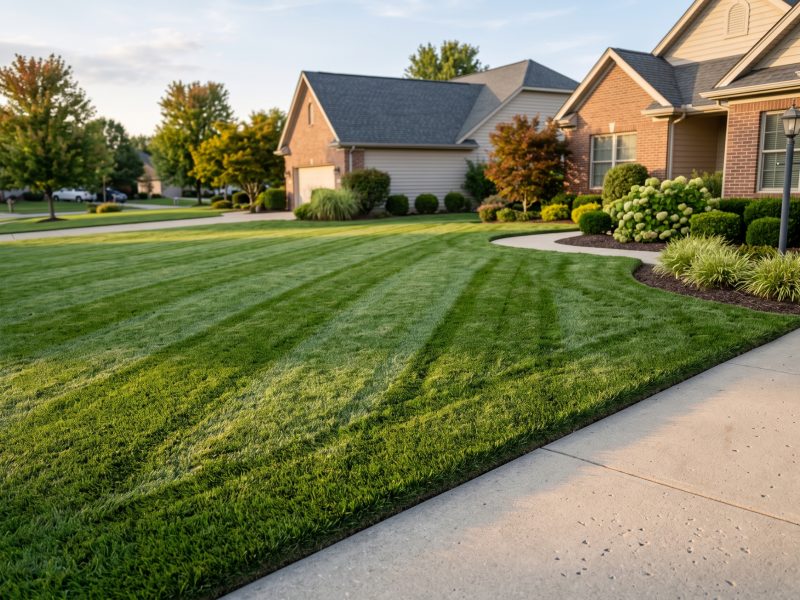 Freshly mown striped lawn with crisp edging along a walkway