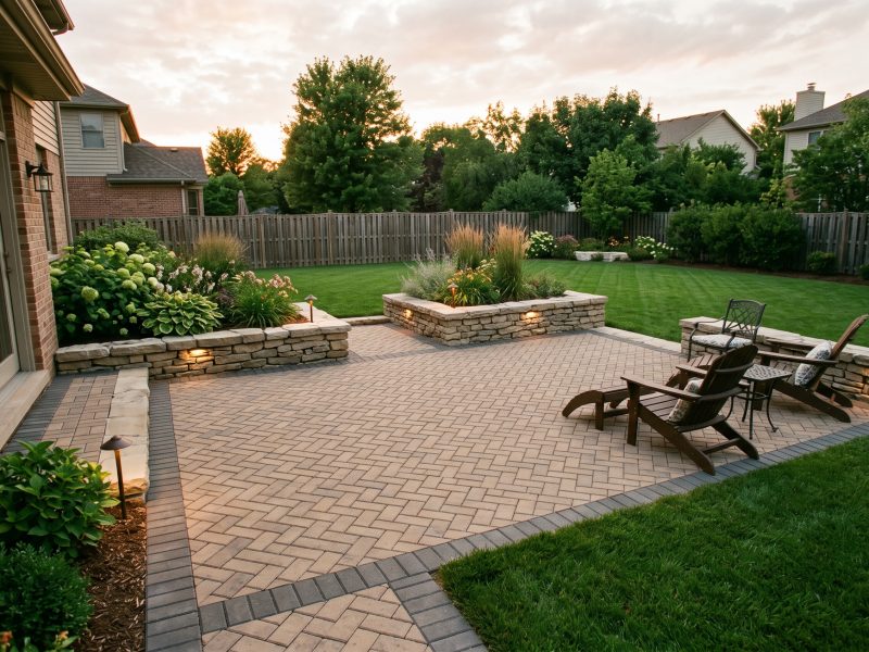 New herringbone paver patio with a natural stone retaining wall at dusk