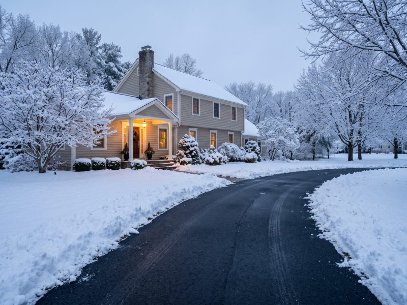 Cleanly plowed driveway lined with fresh snow banks in front of a warmly lit home