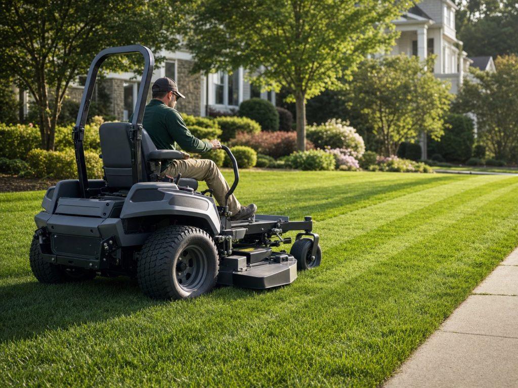 Modern commercial zero-turn mower creating crisp stripes on a manicured residential lawn
